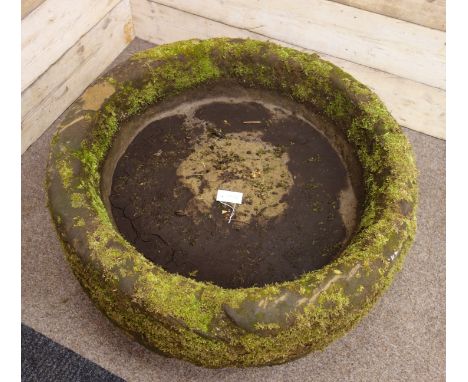 Large 18th/19th century circular stone shallow trough/planter, weathered, D100cm, H31cm   Condition Report   Click here for f