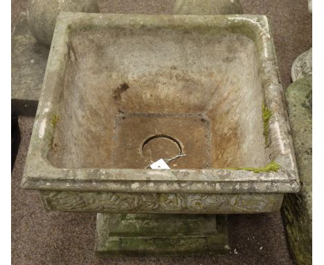 Stone finish square planter with floral moulded frieze on stepped plinth, 52cm x 52cm, H43cm   Condition Report   Click here 