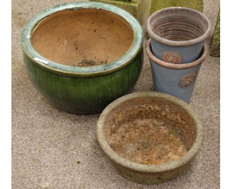 Large glazed circular planter, two smaller plant pots, cast iron pig feeder/planter   Condition Report   Click here for furth