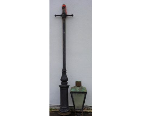 Early 20th century cast iron lamp post with acanthus leaf and fluted moulded column and copper lantern, H364cm   Condition Re