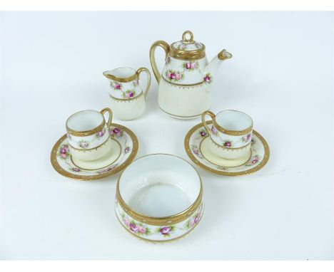 A Japanese, 'Noritake' two person tea set (hand gilded and painted with roses) to comprise of teapot, milk jug, sugar bowl, t