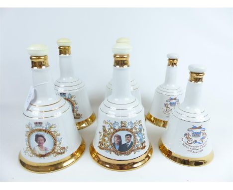 A collection of six Wade Bell's Scotch Whisky bottles, commemorating the 60th birthday of the Queen, the marriage of Prince C