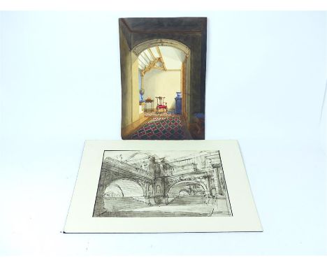 A colourful ink painting of an interior scene of fine house togehter with a black and white print sketch of Somerset House. (