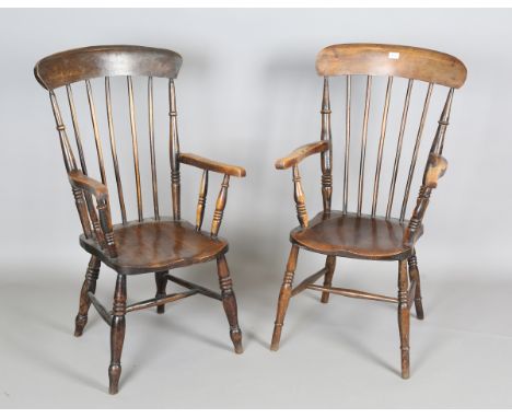 A near pair of late 19th century ash and elm stick back Windsor armchairs, height 108cm, width 57cm.Buyer’s Premium 29.4% (in