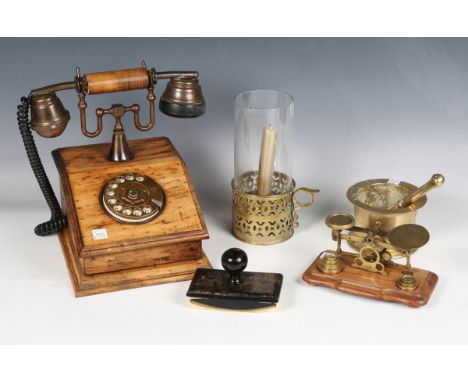 A group of collectors' items, including a replica cradle telephone, width 19cm, a brass pestle and mortar, a set of postal sc