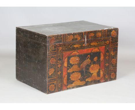 A 20th century Chinese painted trunk, the front decorated with birds and lotus leaves, height 56cm, width 88cm, depth 58cm.Bu