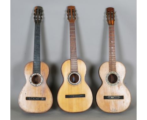 A group of three 19th century German acoustic parlour guitars, one bearing interior label detailed 'Edgar Horne... Derby', le