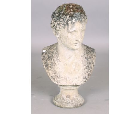 A 20th century cast composition stone garden portrait bust of a classical male, height 68cm.Buyer’s Premium 29.4% (including 