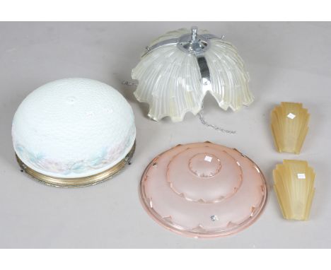 An Art Deco frosted glass and chrome plated sectional ceiling light, diameter 33cm, together with two other glass ceiling lig
