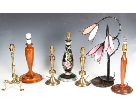 A modern bronzed and stained glass table lamp, height 50cm, a black glazed pottery table lamp and a group of various other la