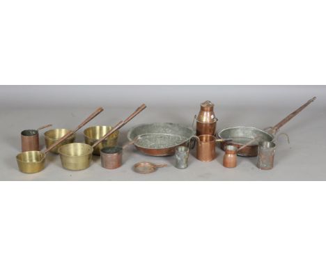 A collection of metalware, including an Edwardian brass folding triptych fireguard, height 46cm, various kitchen wares and a 