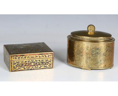 A 19th century brass and tortoiseshell boulle work box with hinged lid, width 11.5cm (re-lined interior), together with an ea