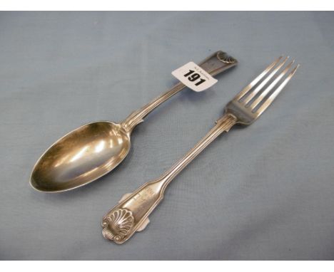 A hallmarked silver fork and spoon, inscribed, 132 grams