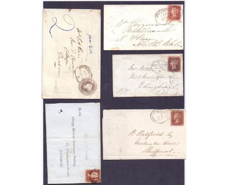 GREAT BRITAIN POSTAL HISTORY : Three QV line engraved covers cancelled by Spoon cancels, plus a Postal Stationery envelope ca