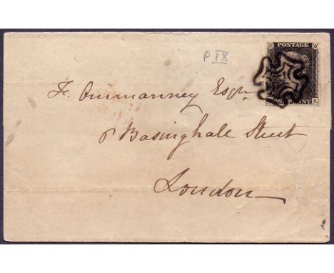 GREAT BRITAIN POSTAL HISTORY : 1841 wrapper with a four margin Penny Black, (?K) stated to be plate 9. Sent from Rhayader, Wa