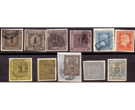 STAMPS : GERMAN & ITALIAN STATES, small selection of Baden to 9k used , Prussia, Wuttemburg & Italian State Parma. (11 stamps