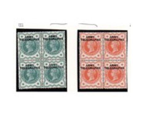 GREAT BRITAIN STAMPS : 1896 1/2d Green and 1/2d Vermilion unmounted mint blocks of 4 over-printed "Army Telegraphs"  