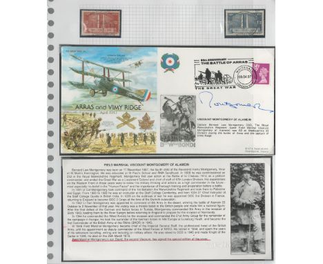 Viscount Montgomery (son of WW2 leader) signed 1997, Great War Arras and Vimy Ridge cover GW34. Set with Biography and French