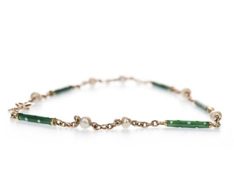 ENAMEL AND PEARL BRACELET, the green and white enamelled cylindrical links interspaced by pearls, 21.5cm long, the clasp mark