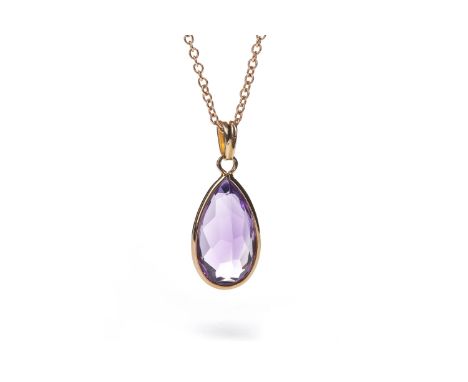 AMETHYST PENDANT, the faceted amethyst 19mm long, on a nine carat rose gold chain, 6.5g