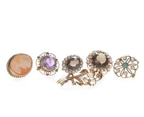 OPAL AND PEARL BROOCH, along with three gem set and pearl brooches, a purple gem set brooch and a cameo brooch, some marked f