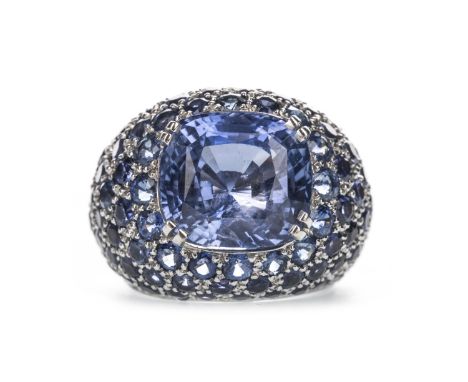 CERTIFICATED CEYLON SAPPHIRE RING, set with a central cushion cut Ceylon sapphire of approximately 12.00 carats, with accompa