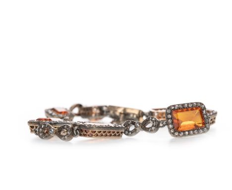 ORANGE GEM SET AND DIAMOND BRACELET, the step cut orange stones within an old cut diamond border, interspaced by diamond set 