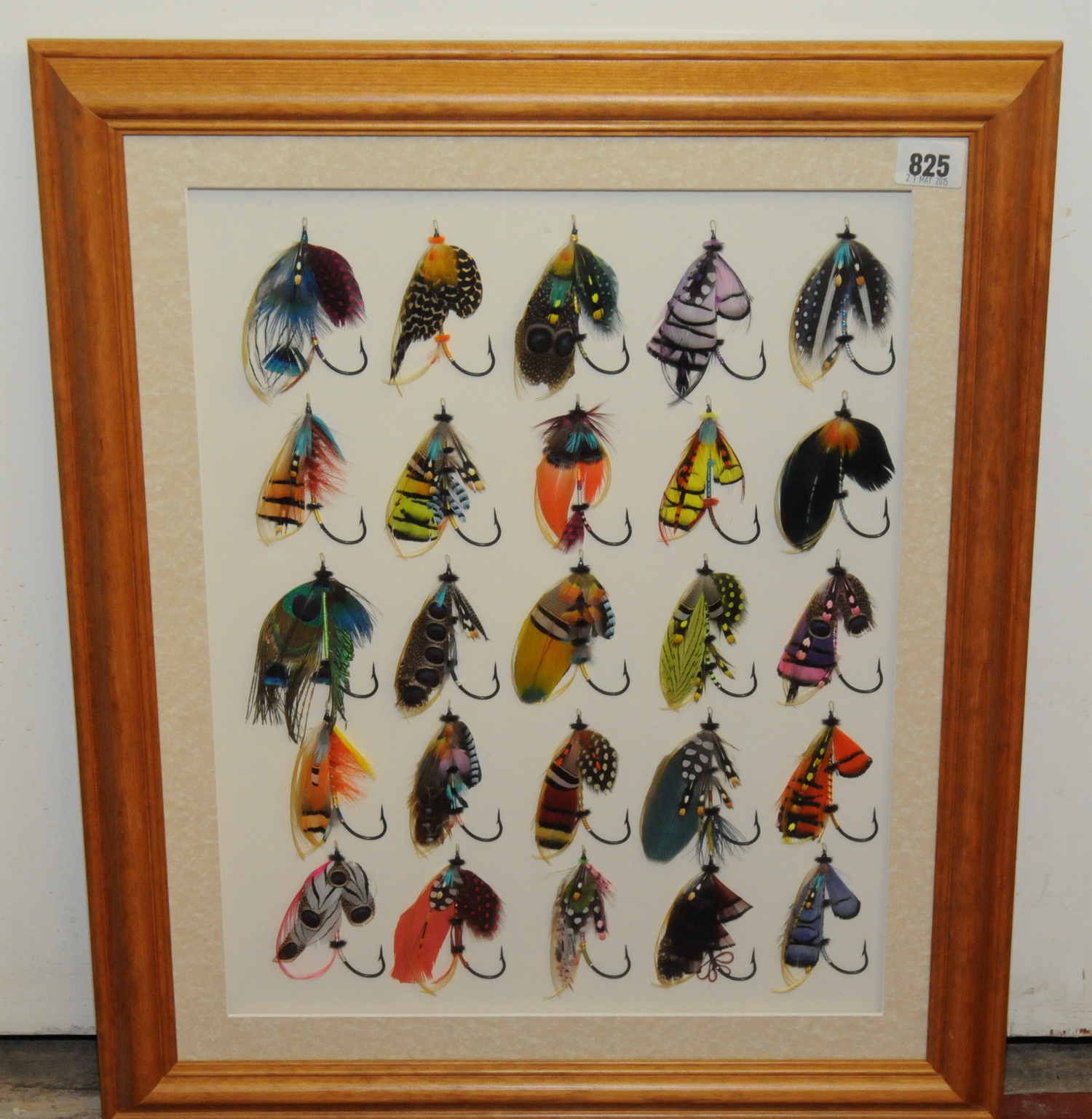 Twenty five large modern salmon fishing flies, framed with shadow box