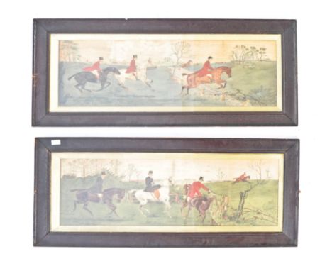 A pair of early 20th century watercolour and ink paintings of comical fox hunting scenes. Both of a large size, and each fram