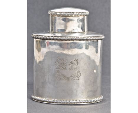 A 19th Century antique Military interest hallmarked silver tea caddy engraved with the coat of arms of the Army Chaplains Cor