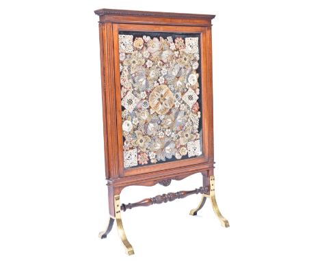 A 19th century late Victorian JAS Shoolbred of London firescreen / discretionary screen. Raised on stunning polished brass sp