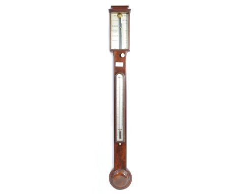 A Maspoli of Hull - A rare mid 19th Century English antique flame mahogany stick barometer having a square top dial above the