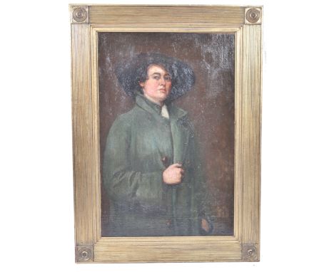 An early 19th Century oil on canvas portrait painting depicting a lady in green overcoat and hat reminiscent of Vita Sackvill