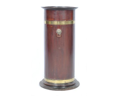 An early 19th Century English antique mahogany coopered barrel type stick / umbrella stand of cylindrical form. Brass bounded