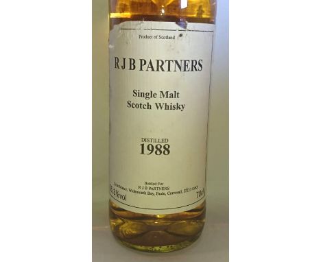 A rare bottle of vintage single malt Scotch whisky produced for RJB Partners distilled in 1988. 70cl 55.5% vol. Likely one of