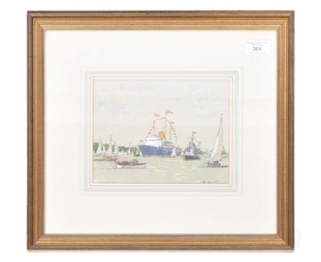 Norman Wilkinson CBE PPRI (1878-1971) - ' Royal Yacht At Cowes ' c1953 - a watercolour painting of the Royal Yacht in harbour