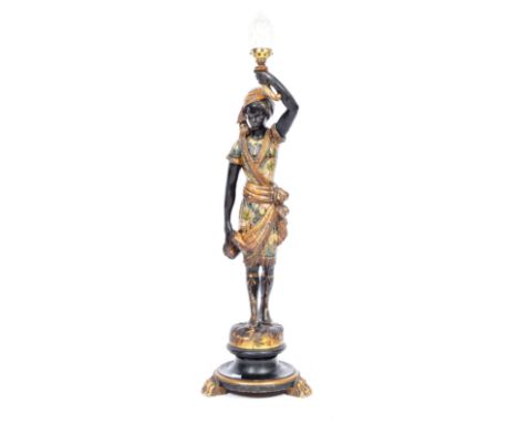 An original antique Italian Venetian hand carved Nubian figural Blackamoor floor standing centerpiece lamp. The figure in tra