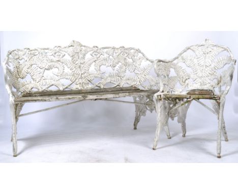 A rare and original 19th century Coalbrookdale ' Fern and Blackberry ' pattern cast iron garden suite comprising a single arm