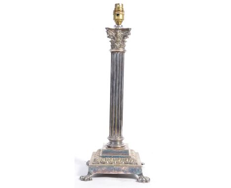 A 19th Century English antique silver plated / plate table lamp in the form of a Corinthian column with shaped top section ra