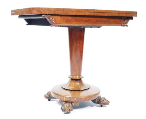 An early 19th Century William IV antique rosewood card table having a metamorphic fold over top of rounded square shape with 