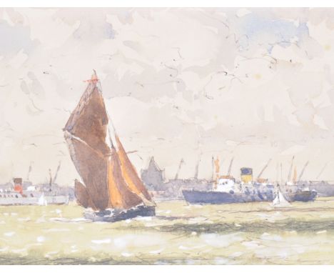 Norman Wilkinson CBE PPRI (1878-1971) - a watercolour painting of ships in harbour, possibly at Harwich Docks. A sailboat fea
