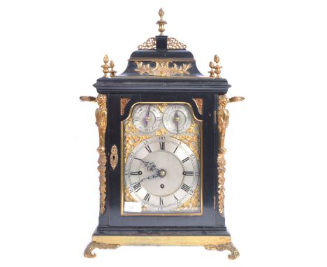 A fine quality 19th Century Victorian George III manner ebonised musical bracket table clock. Silvered dial to front with pai