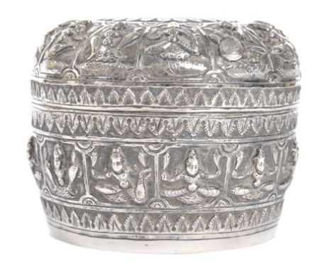 A 19th Century Indian antique silver lidded prayer bowl / pot having relief decoration depicting a row of deities to body and