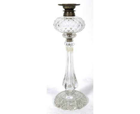 A late 19th / early century&nbsp; good cut glass oil lamp being in the manner of Young'sp. The facet cut glass terraced base 