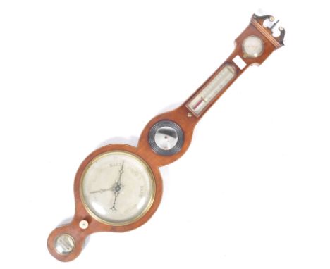 A 19th century George III mahogany mercury banjo barometer with silvered dials having central convex mirror with thermometer 