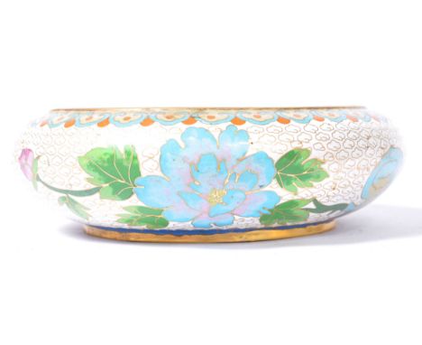 A late 19th / early 20th Century Chinese antique cloisonne centerpiece prayer bowl having a white ground with silver wire clo