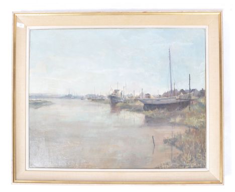 Anthony R. Cooke (b.1933) - Shoreham By Sea - c1959 - a good mid-century oil on canvas painting depicting boats laid upon the