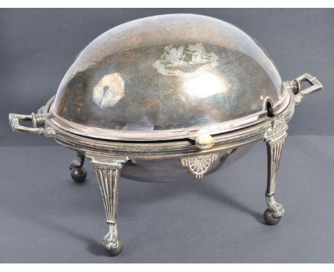 A 19th Century English antique Military interest silver plated kipper bowl bearing the Coat Of Arms for the Army Chaplain Cor