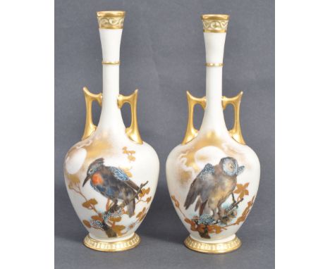 A pair of 19th Century Royal Worcester English antique bone china porcelain single stem solifleur vases with hand painted dec