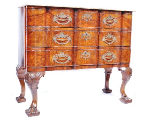 A stunning 19th Century antique walnut Chippendale manner serpentine fronted commode chest of drawers having a white marble t
